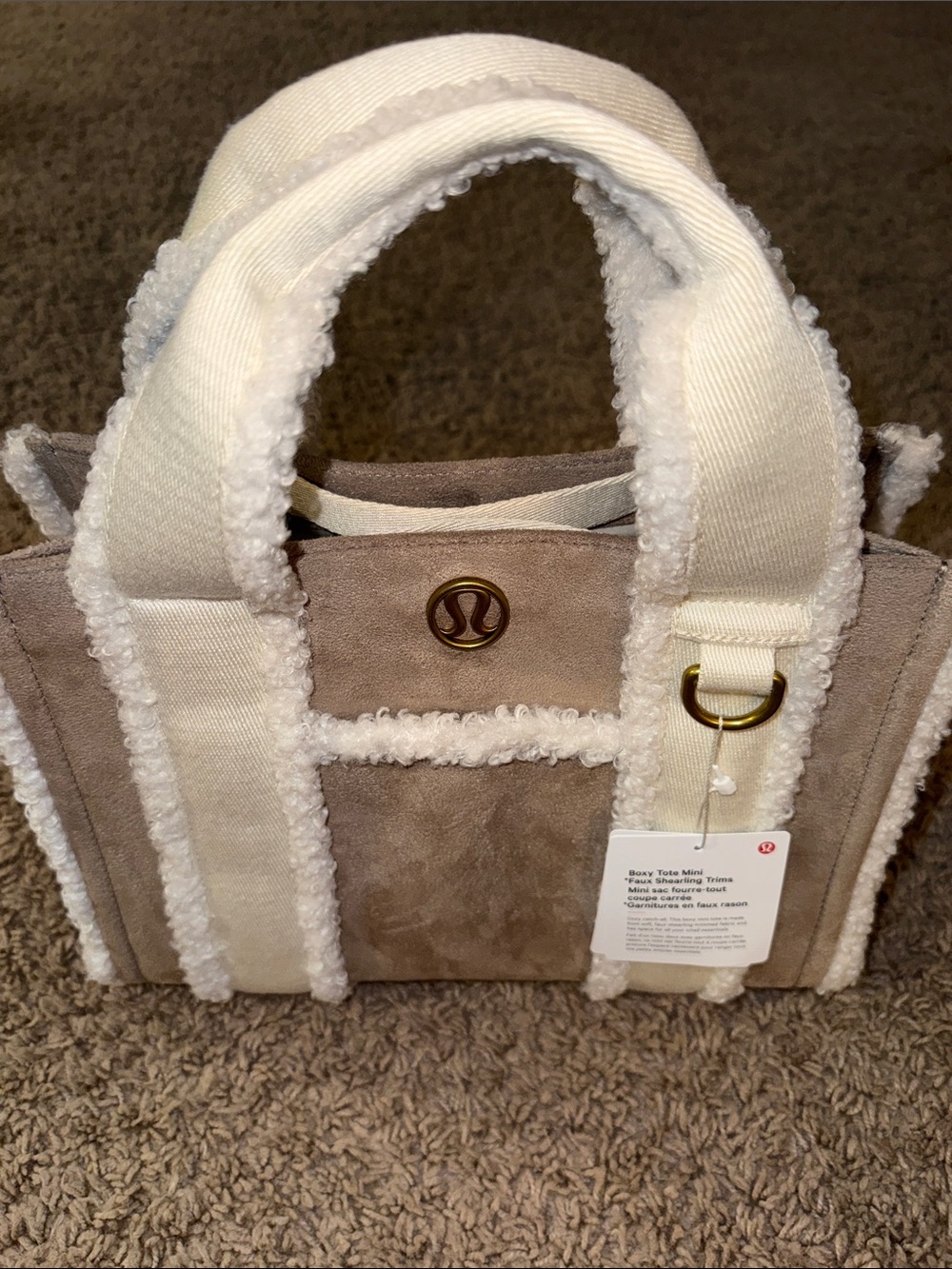 lululemon Boxy Tote mini Faux shearling trim-Cream and Taupe Tote